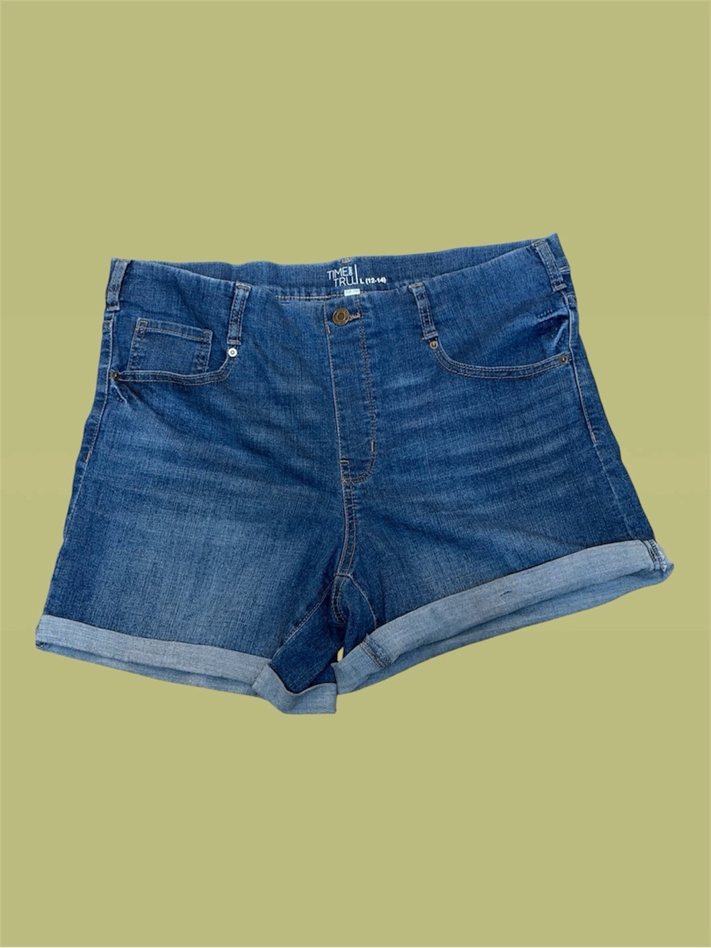 Large Jean Shorts Wmn Blue Time and Tru Cuffed Four Pockets Pants 12-14 Dark